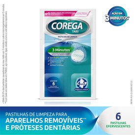 LIMPADOR DE PRÓTESES E APARELHOS REMOVÍVEIS COREGA GUIAS 3 MINUTOS LIMPEZA 6 UNIDADES