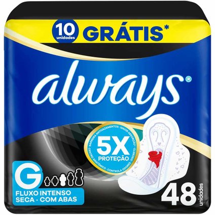 ABSORVENTE ALWAYS NOTURNO TAMANHO G SECA COM ABAS PACOTE 48 UNIDADES