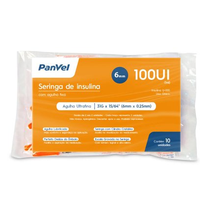 SERINGA PARA INSULINA 100UI 0,25MM PANVEL 10 UNIDADES