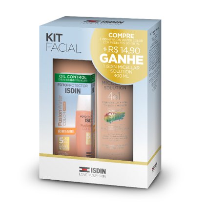 KIT ISDIN PROTETOR SOLAR FACIAL FUSION WATER MÉDIA FPS50 50ML + MICELLAR SOLUTION 400ML