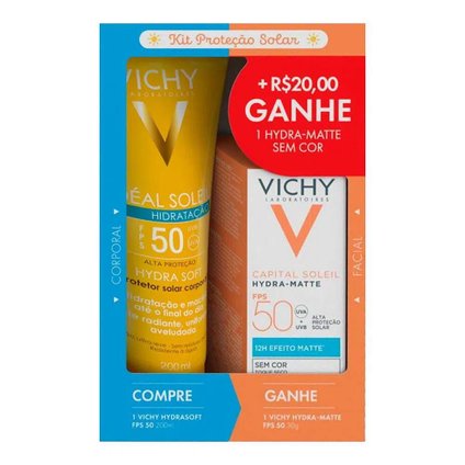 KIT VICHY PROTETOR SOLAR CORPORAL HYDRASOFT FPS50 200ML + PROTETOR FACIAL HYDRA MATTE FPS50 30G