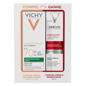 PROTETOR SOLAR VICHY PURIFY FPS70 SEM COR 40G + AMPOLA DERCOS ENERGIZANTE GRÁTIS 40ML