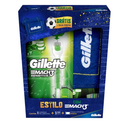 KIT APARELHO DE BARBEAR GILLETTE MACH3 + CARGA SENSITIVE C/2 + TOALHA GRÁTIS 