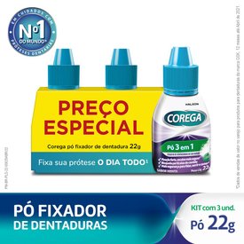 Kit Pó Fixador De Dentadura Corega Forte Fixação Sabor Menta 3 Unidades 22g cada