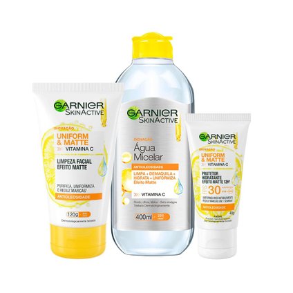 KIT ANTIMARCAS GARNIER UNIFORM&MATTE VITAMINA C - LIMPEZA FACIAL +ÁGUA MICELAR + PROTETOR HIDRATANTE