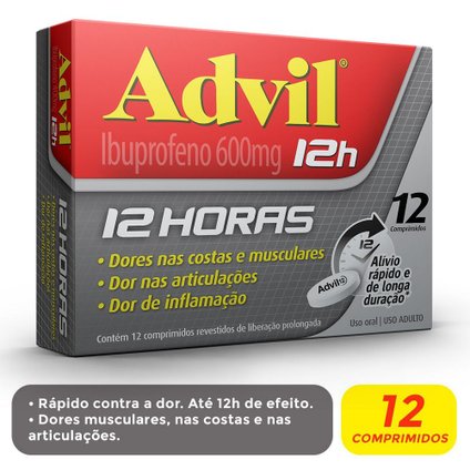 ADVIL 12H ANALGÉSICO COM IBUPROFENO 600MG ALÍVIO DA DOR MUSCULAR 12 COMPRIMIDOS