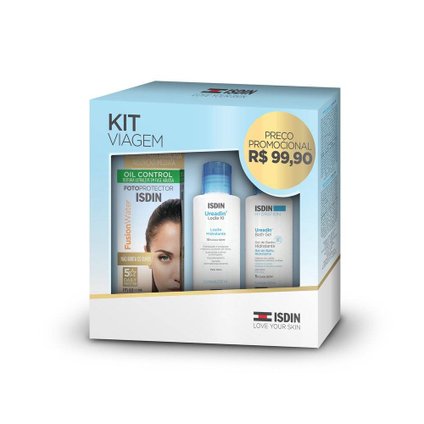 KIT VIAGEM ISDIN: PROTETOR SOLAR FACIAL + SABONETE LÍQUIDO + LOÇÃO CORPORAL