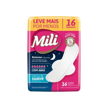 ABSORVENTE MILI NOTURNO SUAVE COM ABAS 16 UNIDADES