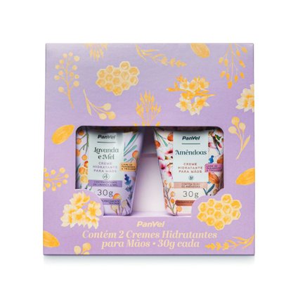 KIT PANVEL COM 2 CREMES HIDRATANTES PARA MÃOS AMÊNDOAS E LAVANDA E MEL COM 30G CADA