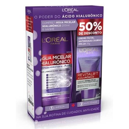 KIT AGUA MICELAR LOREAL HIALURONICO 200ML + CREME FACIAL REVITALIFT FPS 20 25G