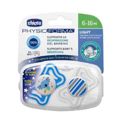 CHUPETA CHICCO PHYSIO FORMA LIGTH LUMI AZUL 6-16 MESES COM 2 UNIDADES