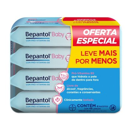LENÇOS UMEDECIDOS HIPOALERGÊNICOS BEPANTOL BABY LEVE 4 PAGUE 3 COM 48 UNIDADES CADA