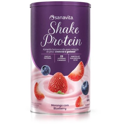 SHAKE PROTEIN MORANGO COM MIRTILO SANAVITA 23 VITAMINAS E MINERAIS CALORIAS REDUZIDAS 450G