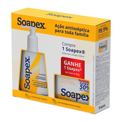 KIT SABONETE LÍQUIDO SOAPEX 250ML GRÁTIS SABONETE BARRA SOAPEX 80G