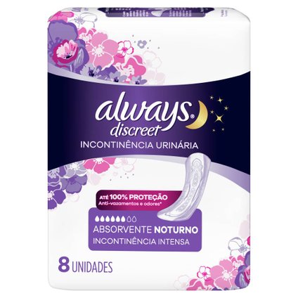 ABSORVENTES NOTURNOS ALWAYS DISCREET INCONTINENCIA URINÁRIA 8 UNIDADES