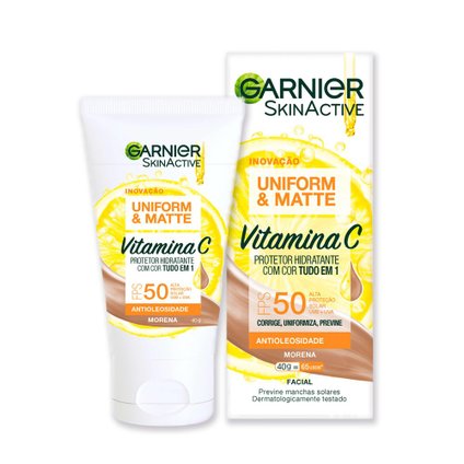 PROTETOR SOLAR FACIAL HIDRATANTE GARNIER UNIFORM & MATTE VITAMINA C FPS 50 MORENA 40G