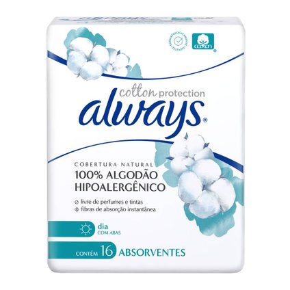 ABSORVENTE ALWAYS COTTON PROTECTION COBERTURA NATURAL COM ABAS 16 UNIDADES