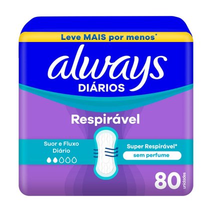 PROTETOR DIÁRIO ALWAYS RESPIRÁVEL SEM PERFUME COM 80 UNIDADES