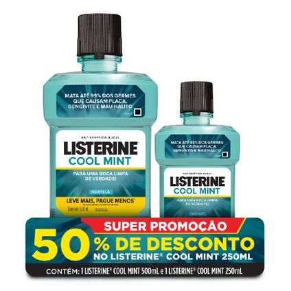 ENXAGUATÓRIO BUCAL LISTERINE COOL MINT 500ML + 250ML COM 50% DE DESCONTO