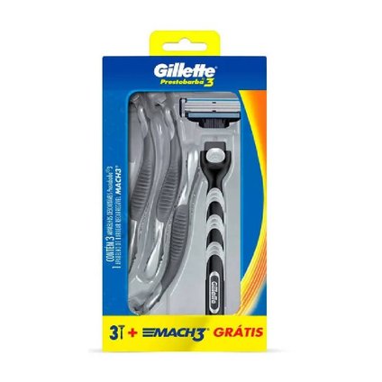APARELHO DE BARBEAR GILLETTE PRESTOBARBA 3 COM 3 UNIDADES GRÁTIS 01 APARELHO MACH3