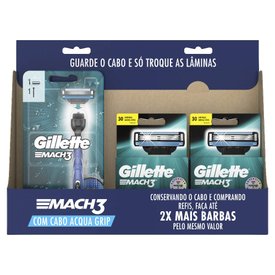 KIT APARELHO DE BARBEAR GILLETTE MACH3 AQUA GRIP COM 2 UNIDADES + 4 CARGAS