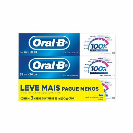 KIT CREME DENTAL ORAL-B COM FLÚOR MENTA REFRESCANTE 50G COM 3 UNIDADES