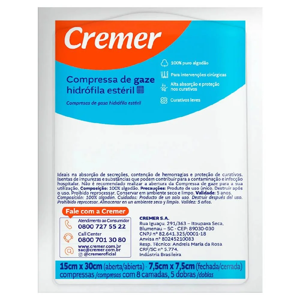 Compressa Gaze Cremer Esteril 13 Fios 1o Unidades