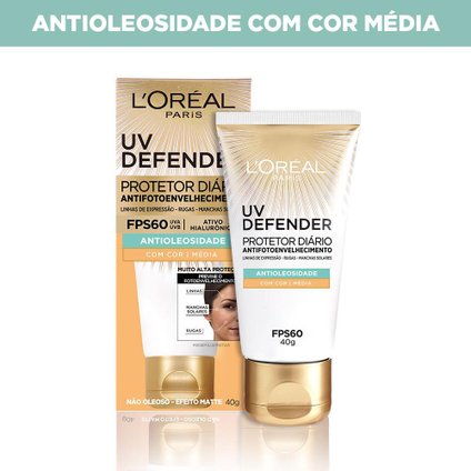 PROTETOR SOLAR FACIAL L'ORÉAL UV DEFENDER ANTIOLEOSIDADE COR MÉDIA FPS 60 40G