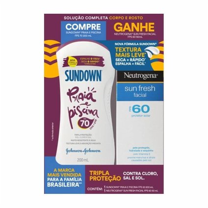 KIT PROTETOR SOLAR SUNDOWN FPS70 200ML GANHE NEUTROGENA SUN FRESH FACIAL FPS60 50ML
