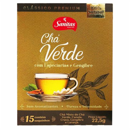 CHÁ VERDE COM ESPECIARIAS E GENGIBRE SANITAS 22,5G - 15 SAQUINHOS