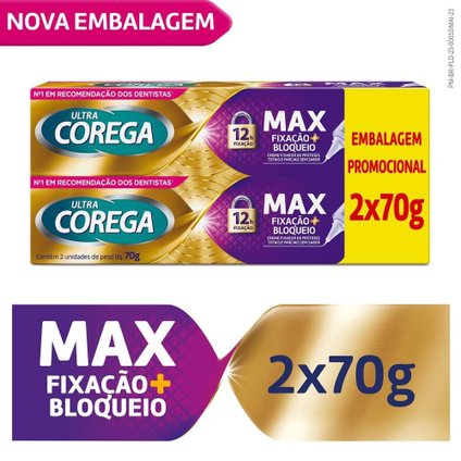 KIT FIXADOR DE PRÓTESE ULTRA COREGA CREME MAX FIXAÇÃO + BLOQUEIO 2 UNIDADES COM 70G CADA