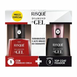 Kit Risqué Diamond Gel Esmalte Vermelho Cereja + Top Coat Fixador 9,5ml Cada