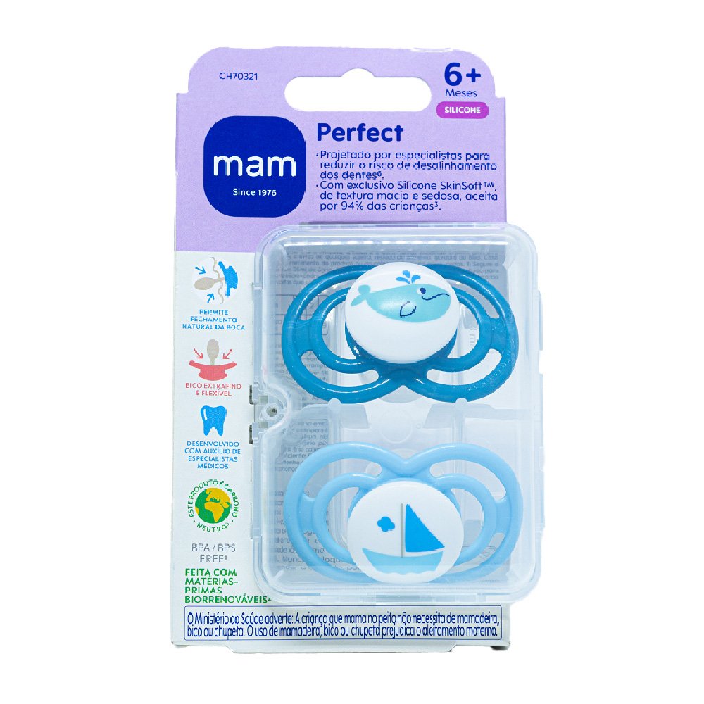 Chupeta Mam Perfect Azul 6 Meses + Com 2 Unidades