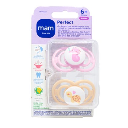 CHUPETA MAM PERFECT ROSA 6 MESES + COM 2 UNIDADES