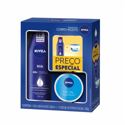 KIT LOÇÃO HIDRATANTE NIVEA BODY MILK PELE SECA A EXTRASSECA 200ML + CREME FACIAL NUTRITIVO NIVEA 100
