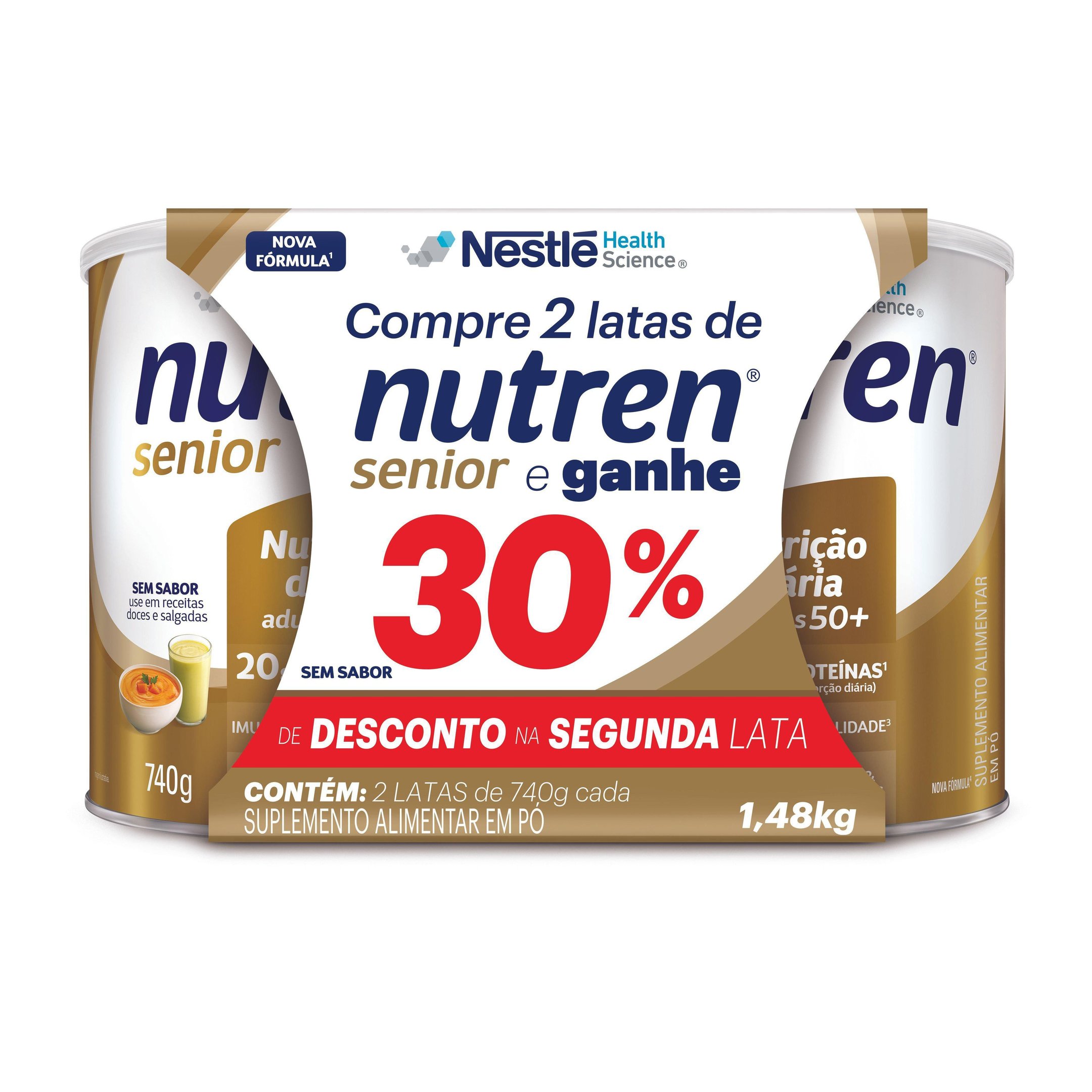 Kit Complemento Alimentar Nutren Senior Sem Sabor 1,48kg Ganhe 30% Desconto Na Segunda Lata
