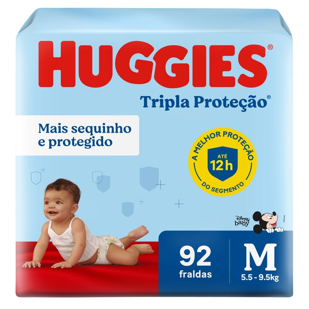 FRALDA HUGGIES TRIPLA PROTEÇÃO HIPER M COM 92 UNIDADES