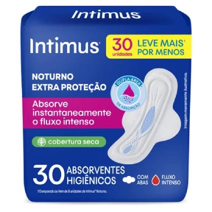 ABSORVENTE EXTERNO INTIMUS NOTURNO COBERTURA SECA COM ABAS 30 UNIDADES