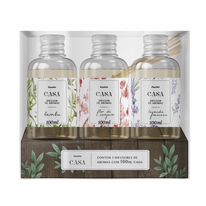 KIT PANVEL CASA COM 3 DIFUSORES DE AROMAS BAMBU, FLOR DE CEREJEIRA E LAVANDA FRANCESA 100ML CADA