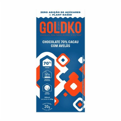 CHOCOLATE GOLDKO 70 CACAU COM AVELÃ ZERO AÇÚCAR 20G