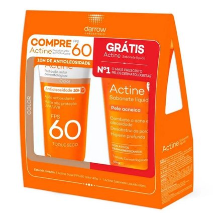 KIT PROTETOR SOLAR ACTINE COLOR FPS 60 40G + SABONETE LÍQUIDO PELE ACNEICA 60ML