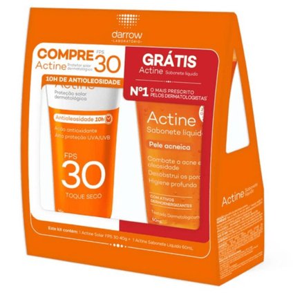 KIT PROTETOR SOLAR ACTINE FPS 30 40G + SABONETE LÍQUIDO PELE ACNEICA 60ML