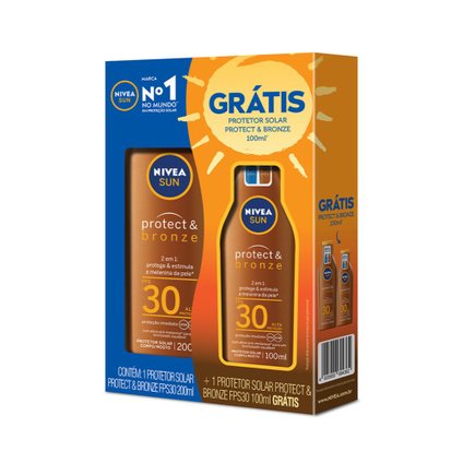 KIT PROTETOR SOLAR NIVEA PROTECT & BRONZE FPS30 200ML GRÁTIS PROTETOR SOLAR FPS30 100ML
