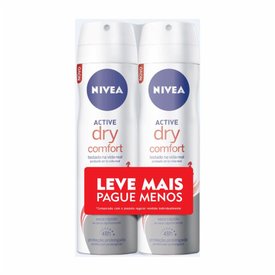 KIT DESODORANTE AEROSOL NIVEA ACTIVE DRY COMFORT LEVE MAIS PAGUE MENOS 2 UNIDADES 150ML CADA