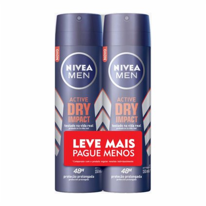 KIT DESODORANTE AEROSOL NIVEA MEN ACTIVE DRY IMPACT LEVE MAIS PAGUE MENOS 2 UNIDADES 150ML CADA