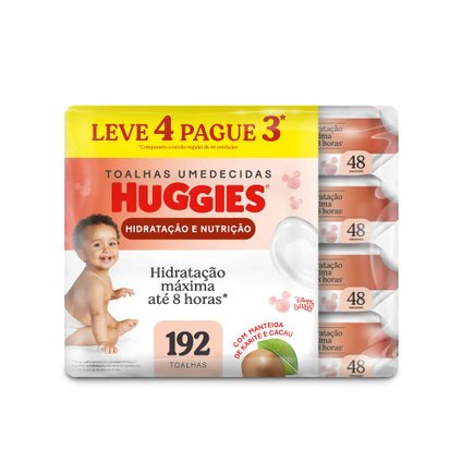 LENÇOS UMEDECIDOS HUGGIES HIDRATAÇÃO E NUTRIÇÃO CONTRA ASSADURAS LEVE 4 PAGUE 3 - 192 UNIDADES