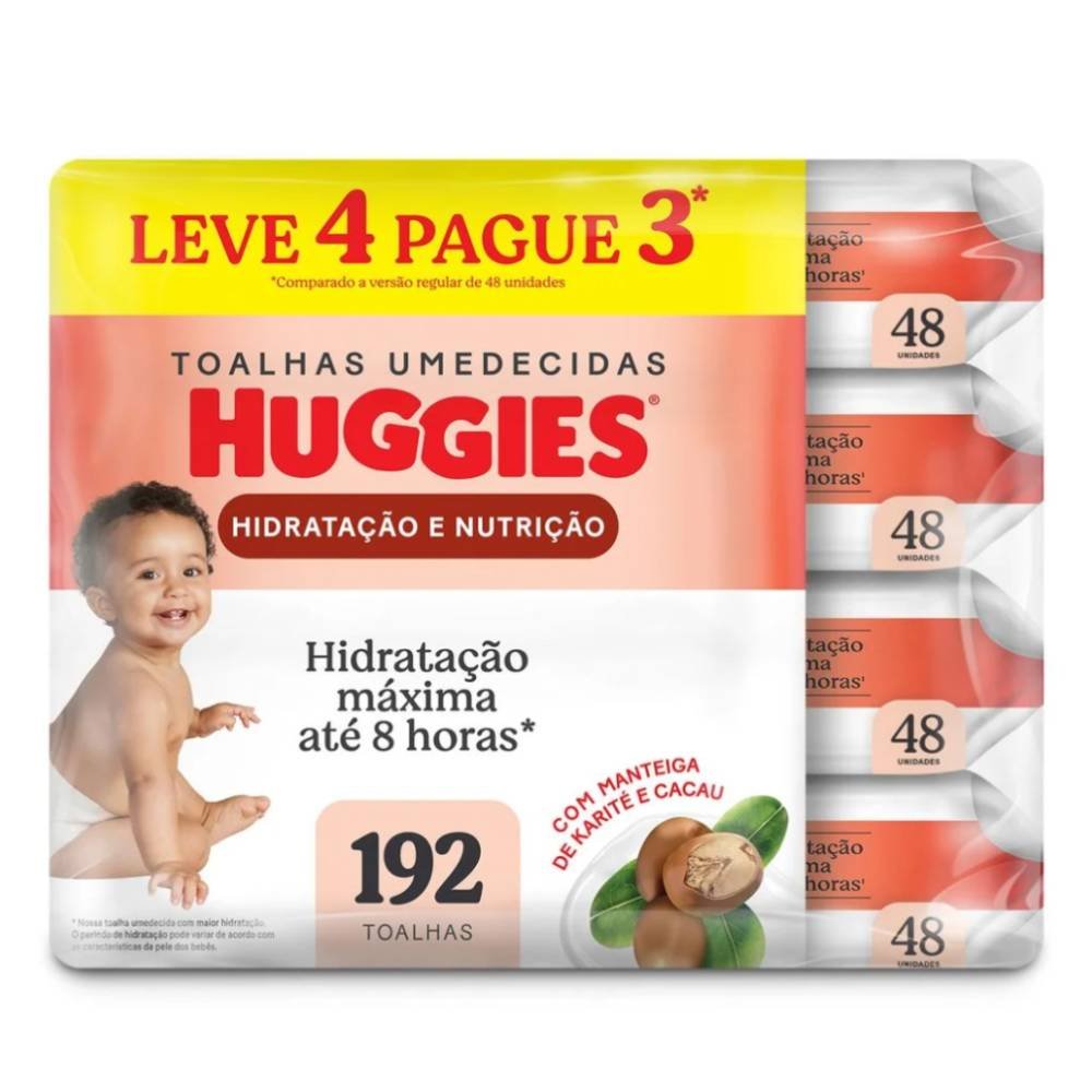 Lenços Umedecidos Huggies Hidratação E Nutrição Contra Assaduras Leve 4 Pague 3 - 192 Unidades