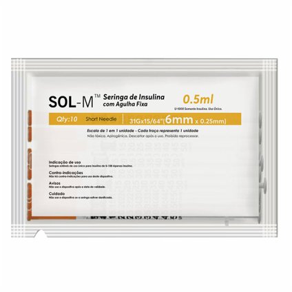 SERINGA INSULINA SOL-M 0,5 ML 6 X 0,25 BAG C/10