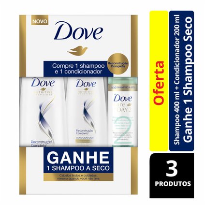 KIT DOVE RECONSTRUÇÃO COMPLETA SHAMPOO 400ML + CONDICIONADOR 200ML + SHAMPOO A SECO GRÁTIS