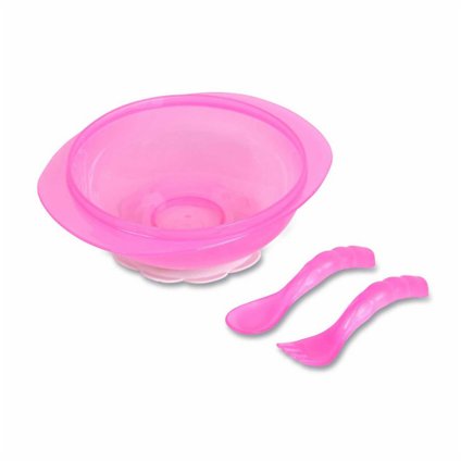 KIT PRATO BOWL BABYGO COM VENTOSA E TALHERES (GARFO E COLHER) ROSA
